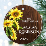 First Christmas as Mr and Mrs Rustic Sunflower Personalized Christmas Ornament, Wedding Couple Gift