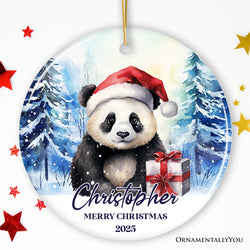 Panda with Santa Hat Personalized Ornament, Winter Forest Christmas Gift With Custom Name and Date