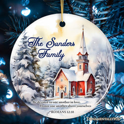 Winter Church Watercolor Art Personalized Ornament, Christmas Gift for Christian Family