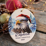American Bald Eagle with Santa Hat Personalized Ornament, Winter Forest Christmas Gift With Custom Name and Date