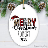 Merry Christmas Leopard Buffalo Plaid Personalized Ornament, Holiday Family Gift
