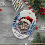 Tabby Cat with Santa Hat Personalized Ornament, Winter Forest Christmas Gift With Custom Name and Date