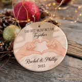 First Valentine's Day Together Personalized Ornament, Lovers Couple Hands, Custom Name Gift