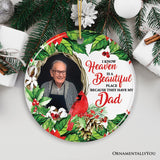 Deceased Family Wreath Portrait Personalized Ornament, Heaven is a Beautiful Place Quote with Cardinal Art