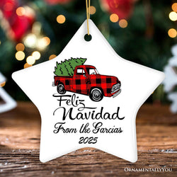 Personalized Feliz Navidad Plaid Red Truck Family Christmas Ornament