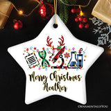 Personalized Science Plaid Christmas Ornament, Gift for Scientist or Researcher, Lab Tools like Flasks and Microscope