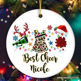 Personalized Cheerleader Buffalo Plaid Leopard Merry Christmas Ornament, Cheer Mom Gift
