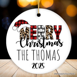 Merry Christmas Leopard Buffalo Plaid Personalized Ornament, Holiday Family Gift