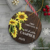 First Christmas as Mr and Mrs Rustic Sunflower Personalized Christmas Ornament, Wedding Couple Gift