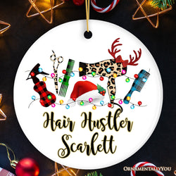 Personalized Hair Stylist Buffalo Plaid Leopard Merry Christmas Ornament, Hair Hustler Gift