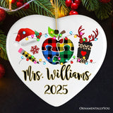Personalized Autism Teacher Buffalo Plaid Leopard Merry Christmas Ornament, Thank You Gift