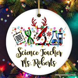 Personalized Science Plaid Christmas Ornament, Gift for Scientist or Researcher, Lab Tools like Flasks and Microscope