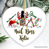Personalized Nail Tech Buffalo Plaid Leopard Merry Christmas Ornament, Pedicure Gift