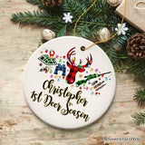 Personalized Buffalo Plaid Hunting Theme Christmas Ornament, Hunter Gift, Red and Green Deer and Gun