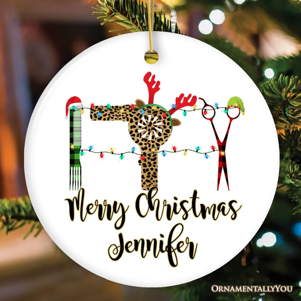 Personalized Hairdresser Buffalo Plaid Leopard Merry Christmas Ornament, Stylist Gift
