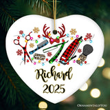 Personalized Barber Buffalo Plaid Leopard Merry Christmas Ornament, Barbershop Gift