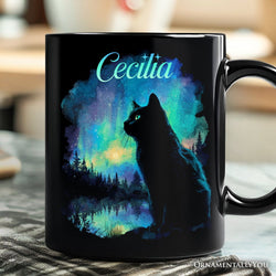 Mystic Aurora Cat Personalized Mug, Northern Lights Feline Gift with Custom Name