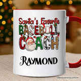 Santa’s Favorite Baseball Coach Personalized Mug, Plaid Christmas Athelete Gift with Custom Name