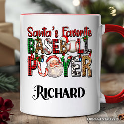 Santa’s Favorite Baseball Player Personalized Mug, Plaid Christmas Athelete Gift with Custom Name