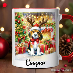 Cozy Fireplace Beagle Personalized Mug, Snuggly Canine Christmas Gift with Custom Name