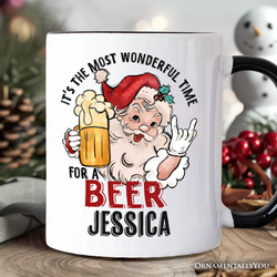 Santa Beer Christmas Personalized Mug, It’s The Most Wonderful Time Funny Holiday Gift with Custom Name