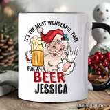 Santa Beer Christmas Personalized Mug, It’s The Most Wonderful Time Funny Holiday Gift with Custom Name