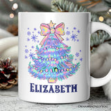 Light Blue Christmas Tree Bow Personalized Mug, Coquette Colorful Holiday Gift with Custom Name