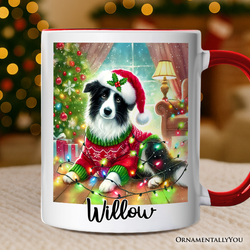 Playful Border Collie with Santa Hat Personalized Mug, Festive Canine Christmas Gift with Custom Name