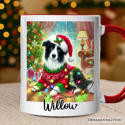 Playful Border Collie with Santa Hat Personalized Mug, Festive Canine Christmas Gift with Custom Name