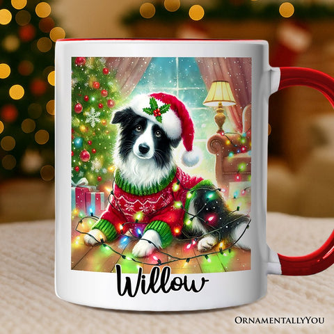 Playful Border Collie with Santa Hat Personalized Mug, Festive Canine Christmas Gift with Custom Name