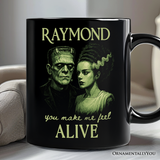 Frankenstein And Bride You Make Me Feel Alive Personalized Mug, Valentine Retro Horror Couples Love Gift with Custom Name