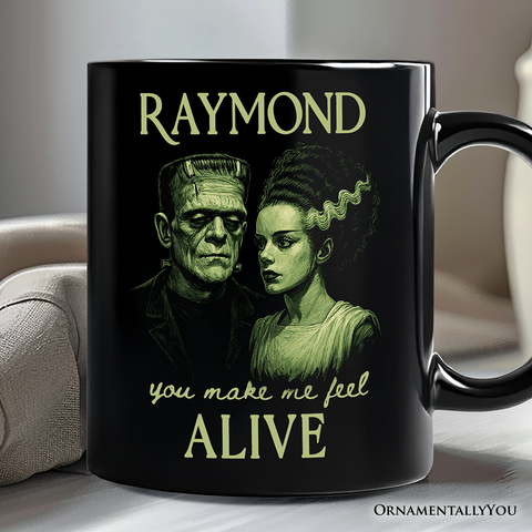 Frankenstein And Bride You Make Me Feel Alive Personalized Mug, Valentine Retro Horror Couples Love Gift with Custom Name