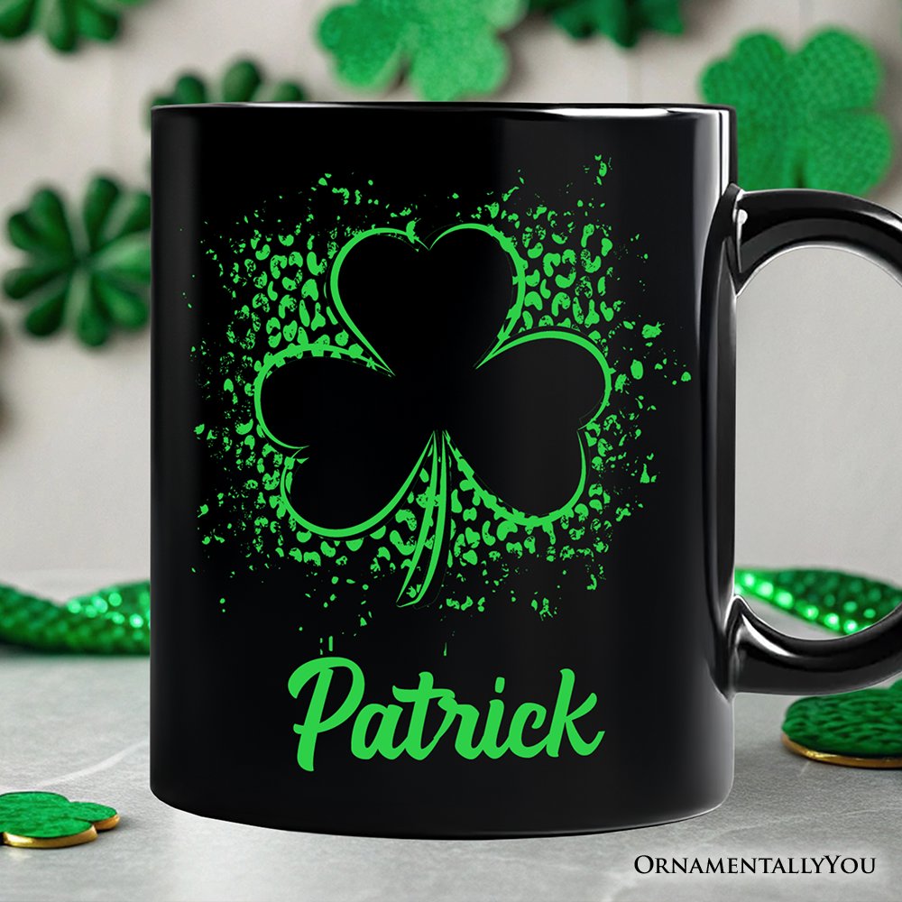 Splatter Shamrock Silhouette St Patrick’s Day Personalized Mug, Retro Lucky Clover Gift with Custom Name