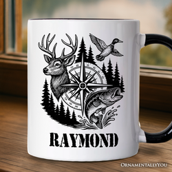 Deer Duck Fishing Hunting Personalized Mug, Camo Vintage Compass Outdoors Gift with Custom Name