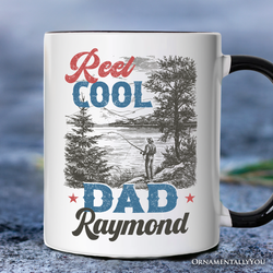 Reel Cool Dad Fishing Personalized Mug, Funny Vintage Fisherman Fatherhood Gift with Custom Name