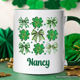 Coquette Clover Bows St Patrick’s Day Personalized Mug, Green Irish Lucky Shamrock Gift with Custom Name