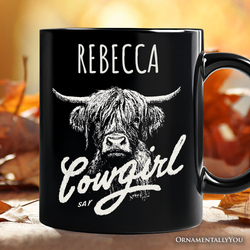 Highland Cow Vintage Cowgirl Personalized Mug, Western Country Gift with Custom Name