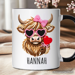 Highland Cow Faux-Yarn Valentine Personalized Mug, Cute Knit Coquette Gift with Custom Name