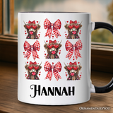 Highland Cow Coquette Bow Valentine Personalized Mug, Cute Hearts Western Gift with Custom Name