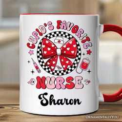 Cupid's Favorite Nurse Coquette Bow Personalized Mug, Cute Valentine Nurse Gift with Custom Name