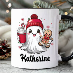 Cute Ghost Christmas Personalized Mug, Adorable Gingerbread and Cocoa Holiday Gift with Custom Name