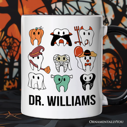Spooky Halloween Dentist Personalized Mug, Teeth Monster Gift for Dental Crew with Custom Name