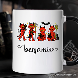 Cute Red Devils and Cats Personalized Mug, Vintage Halloween Gift with Custom Name
