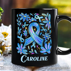 Diabetes Blue Ribbon Floral Personalized Mug, Awareness Support Gift with Custom Name