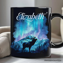 Majestic Aurora Elk Personalized Mug, Northern Lights Wilderness Stag Gift with Custom Name