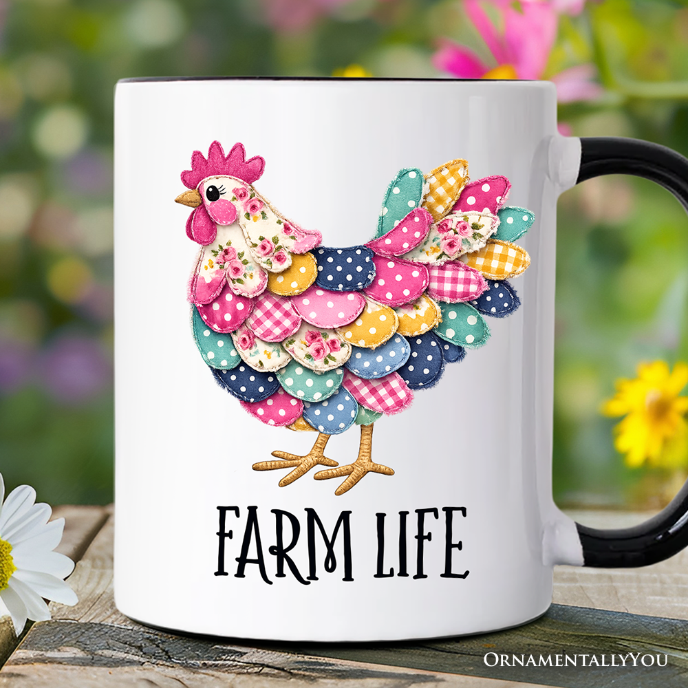 Floral Chicken Printed Faux Patchwork Mug, Coquette Hen Farm Life Gift