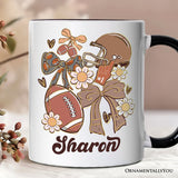 Football Mom Coquette Bow Daisy Personalized Mug, Retro Fall Game Day Preppy Gift with Custom Name