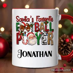 Santa’s Favorite Football Player Personalized Mug, Plaid Christmas Athelete Gift with Custom Name