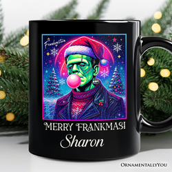 Frankenstein Christmas Vaporwave Personalized Mug, Retro Neon Holiday Gift with Custom Name
