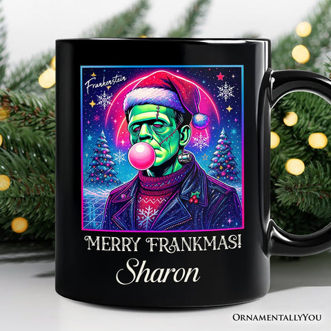 Frankenstein Christmas Vaporwave Personalized Mug, Retro Neon Holiday Gift with Custom Name
